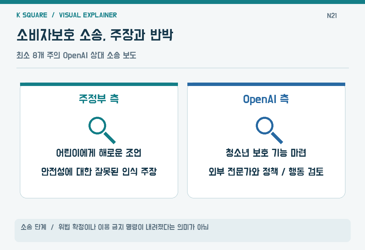 소비자보호 소송, 주장과 반박 — 소송 단계 · 위법 확정이나 이용 금지 명령이 내려졌다는 의미가 아님 / KSquare USA 편집부 제작. 자료: Associated Press