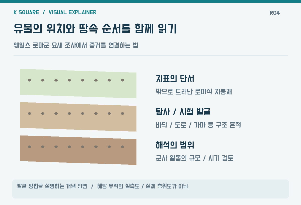 유물의 위치와 땅속 순서를 함께 읽기 — 발굴 방법을 설명하는 개념 단면 · 해당 유적의 실측도·실제 층위도가 아님 / KSquare USA 편집부 제작. 자료: https://www.smithsonianmag.com/smart-news/legend-has-it-that-this-roman-emperor-established-camp-wales-newly-discovered-fort-may-offer-proof-that-it-really-existed-180989702/
