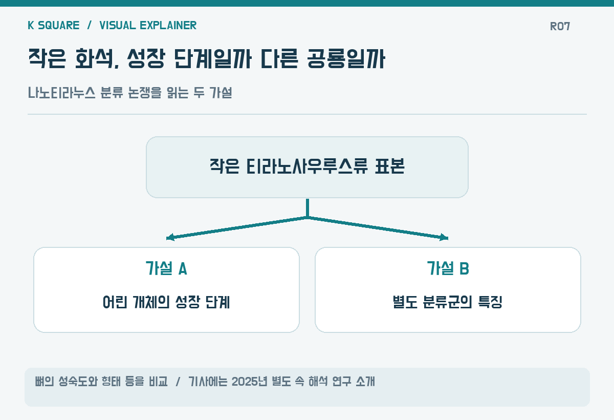 작은 화석, 성장 단계일까 다른 공룡일까 — 뼈의 성숙도와 형태 등을 비교 · 기사에는 2025년 별도 속 해석 연구 소개 / KSquare USA 편집부 제작. 자료: https://apnews.com/article/29c0d5d21c1c0caa25c04af16f1fe884