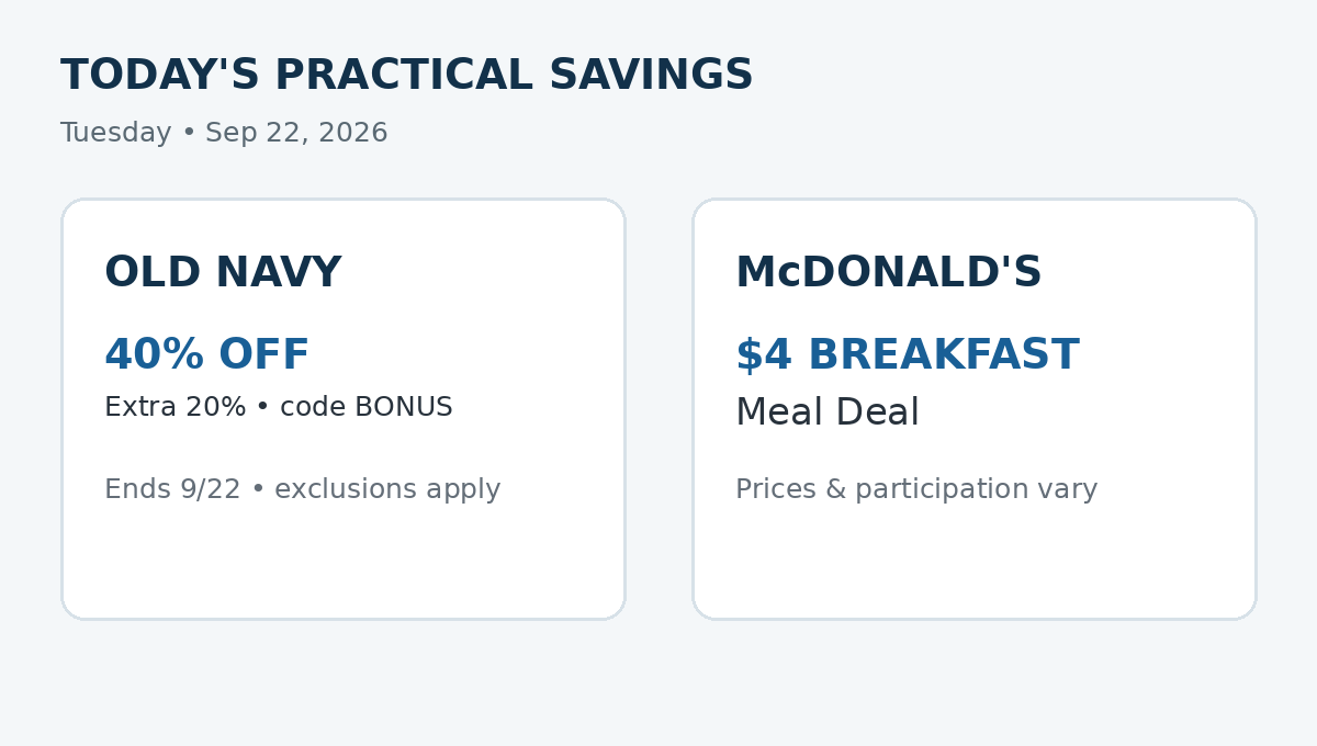 오늘 확인할 생활정보: Old Navy 9/22 행사와 McDonald's $4 아침 Meal Deal. 매장·품목별 조건은 확인하세요.